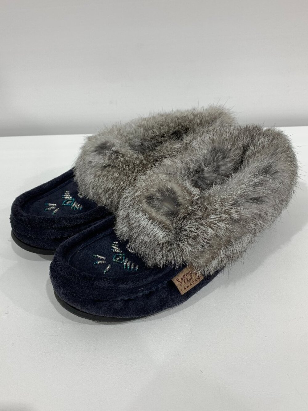 Laurentian Chief Navy Suede Fur Moccasins Size 7